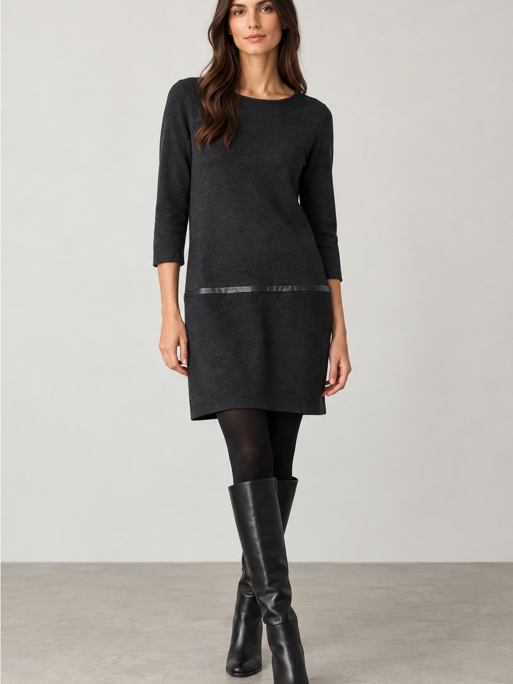 COS Dark Heather Gray Merino Wool Sweater Dress Sz M Leather Trim Mod Lagenlook